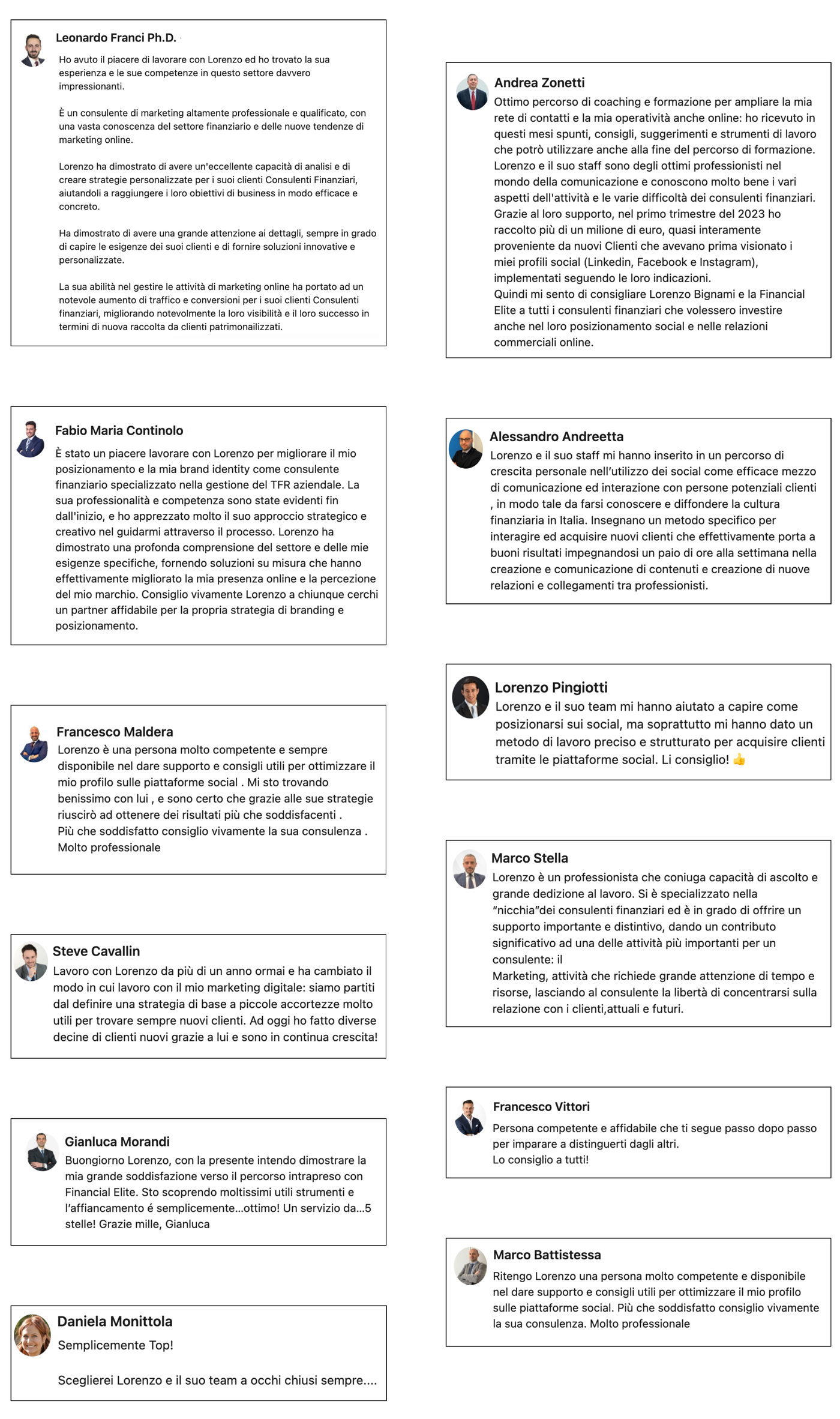 Referenze scritte dei clienti Financial Elite